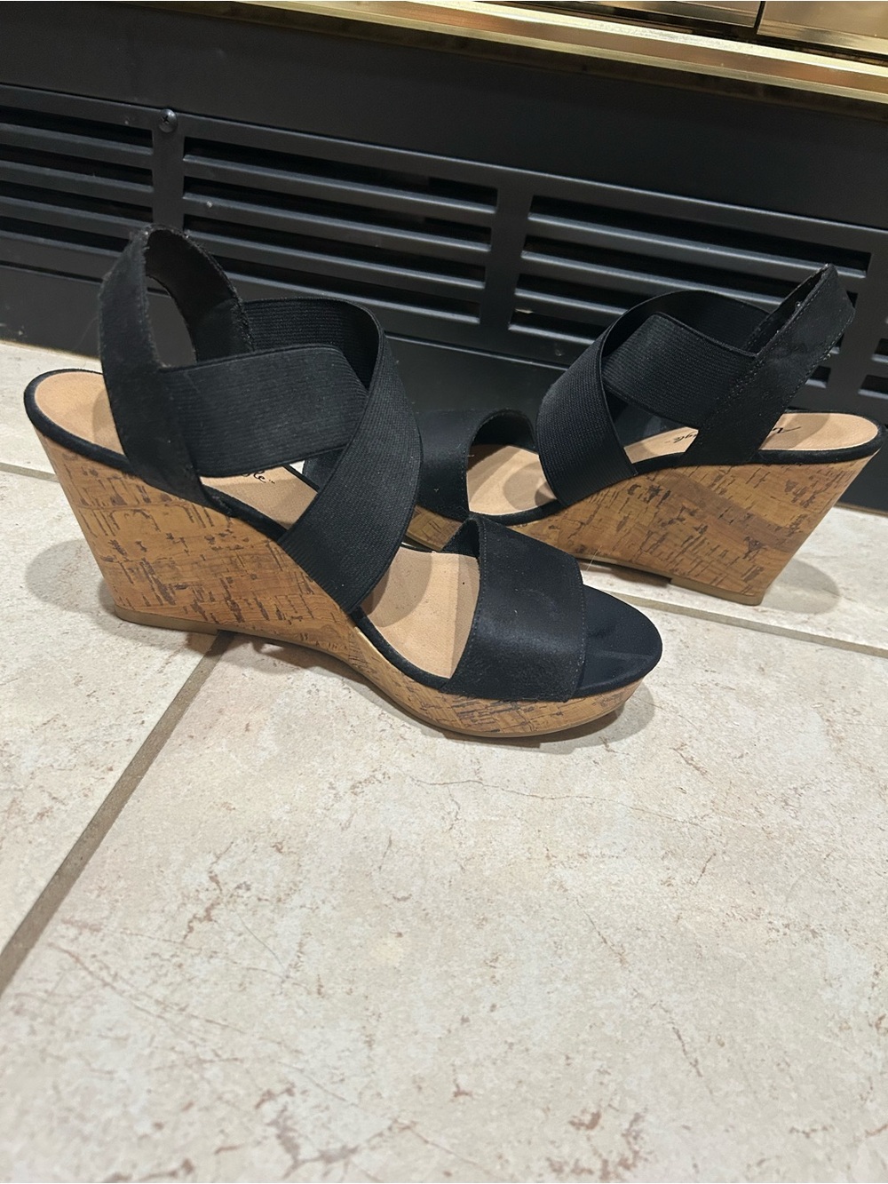 American Eagle Outfitters Black Elastic Cork Wedge Sandals